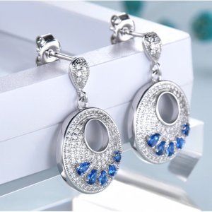 CIRCULAR SAPPHIRE BLUE CUBIC ZIRCONIA EARRINGS